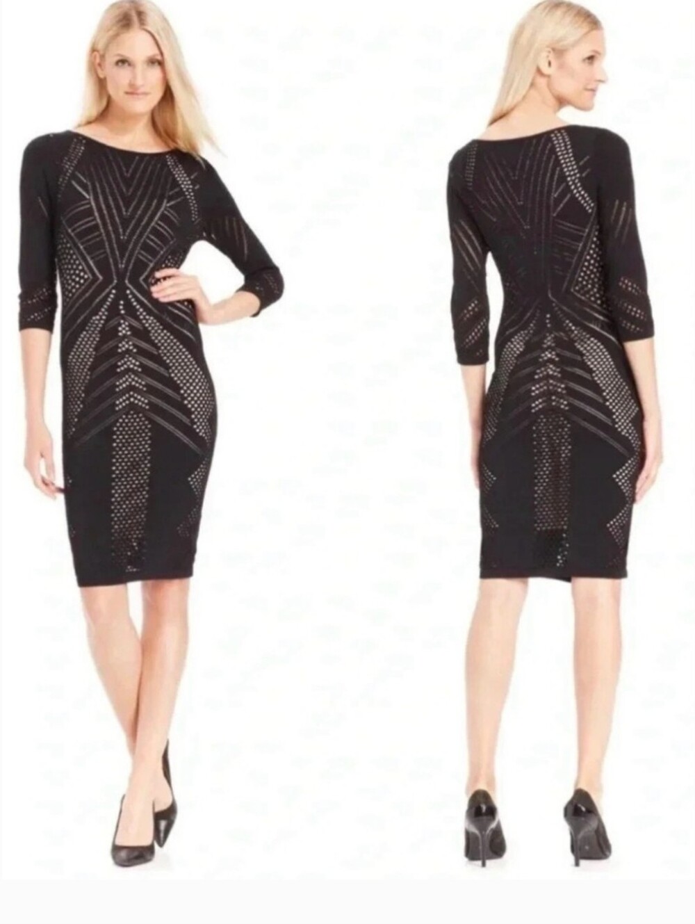 Calvin Klein Black Patterned Midi Sheath Dress